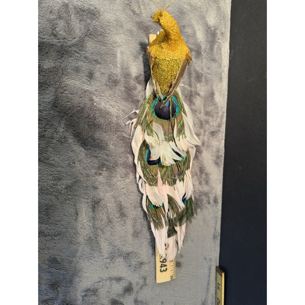 Vintage Gold Pinkish Peacock Real Feathers Clip On Christmas holiday ornament - Picture 3 of 11